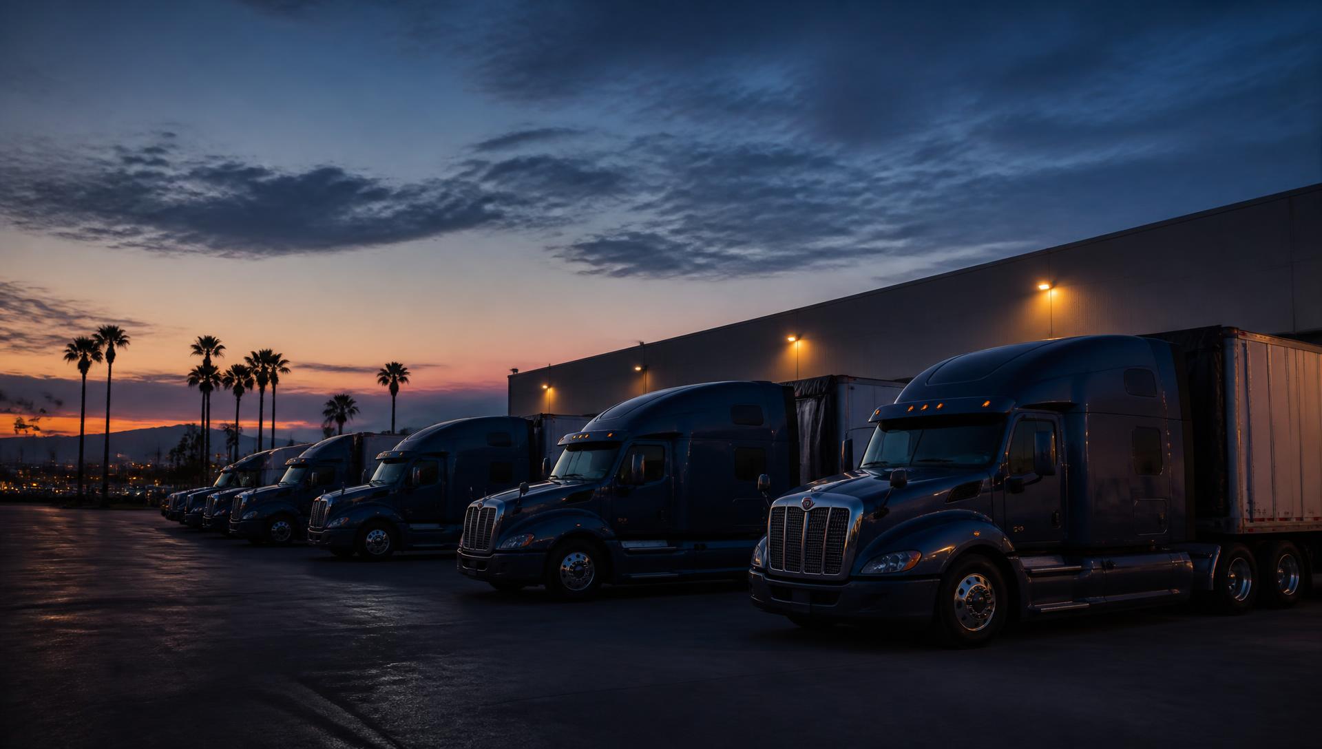 UnionGo semi-trucks staged at a Southern California freight yard at dusk